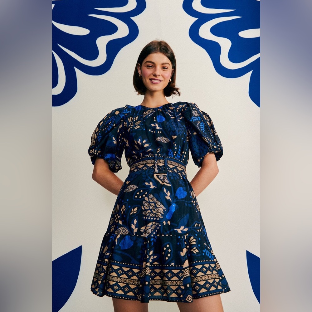 FARM Rio Navy Blue & Beige Floral Puff-Sleeve Mini Dress